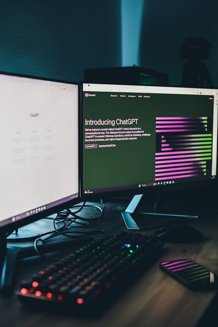 Dual monitors displaying ChatGPT website with illuminated keyboard and smartphone in a dark modern workspace.
